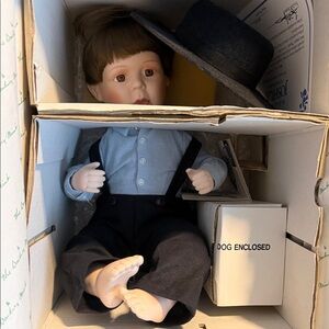 Danbury Mint Porcelain Boy Joshua Doll in Blue Shirt & Black Overalls
